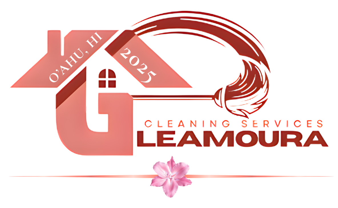 Gleamoura Logo with the Tag Line Keeping homes gleaming with Aloha