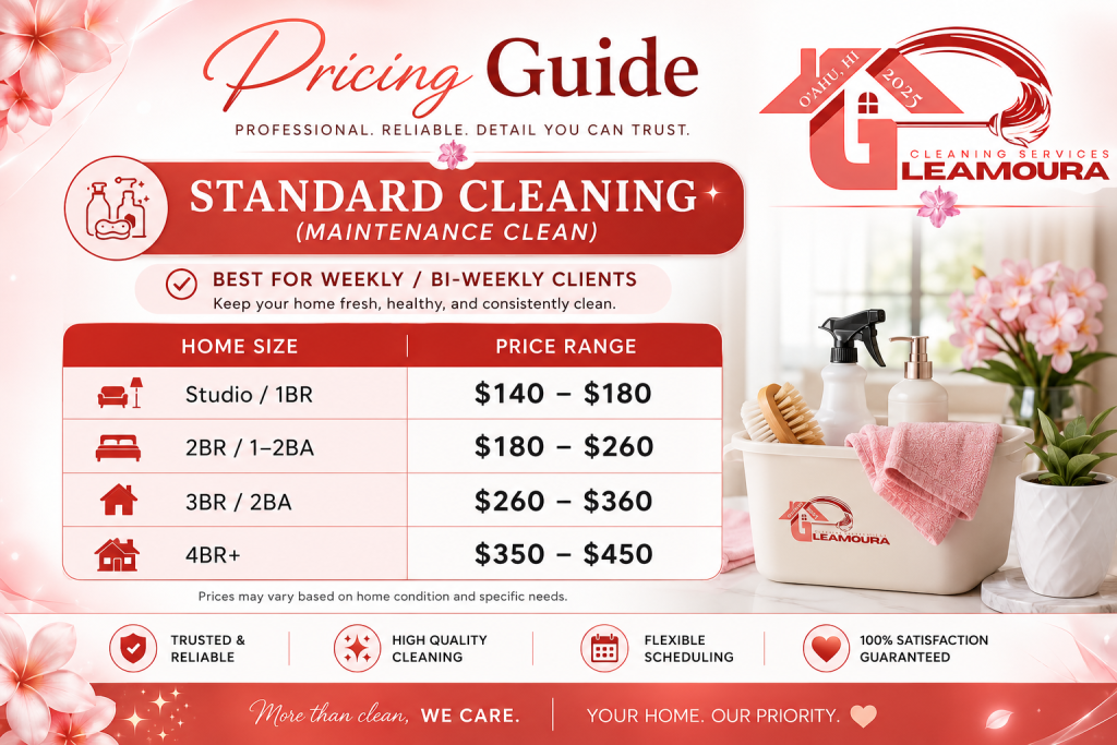 Pricing for Standard Cleaning by Gleamoura Cleaning Services.