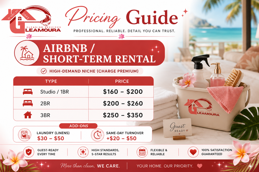Pricing for Airbnb Cleaning by Gleamoura Cleaning Services.