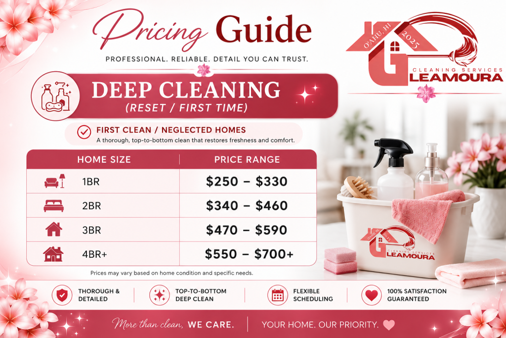 Pricing for Deep Cleaning by Gleamoura Cleaning Services.