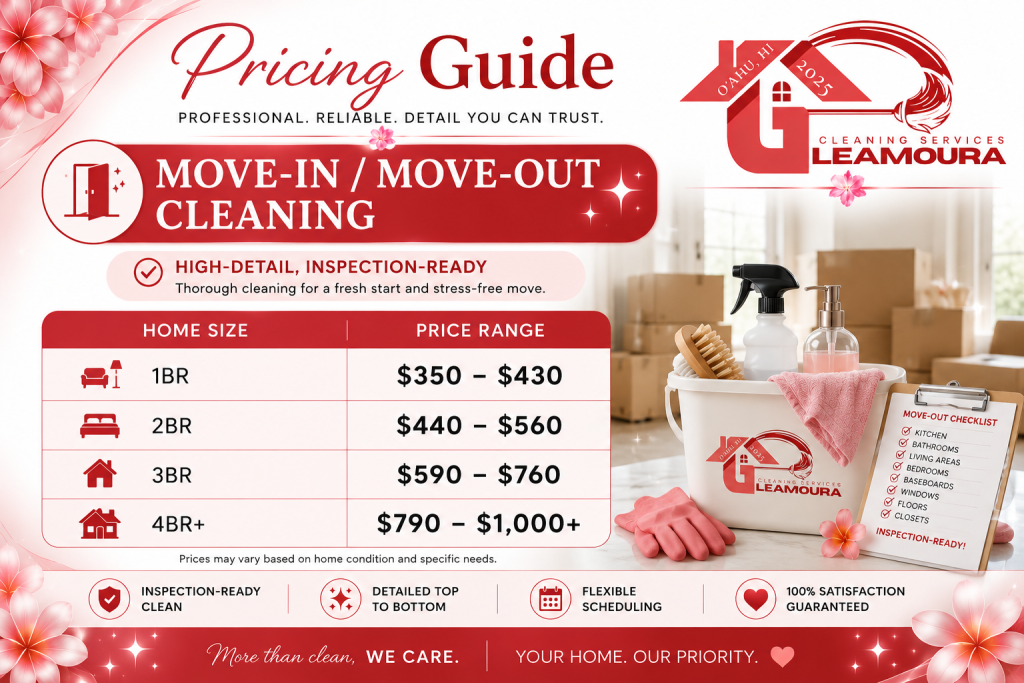 Pricing for Move-out Cleaning by Gleamoura Cleaning Services.